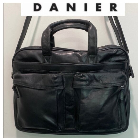 Danier Black Leather Briefcase messenger bag laptop bag - Picture 1 of 15